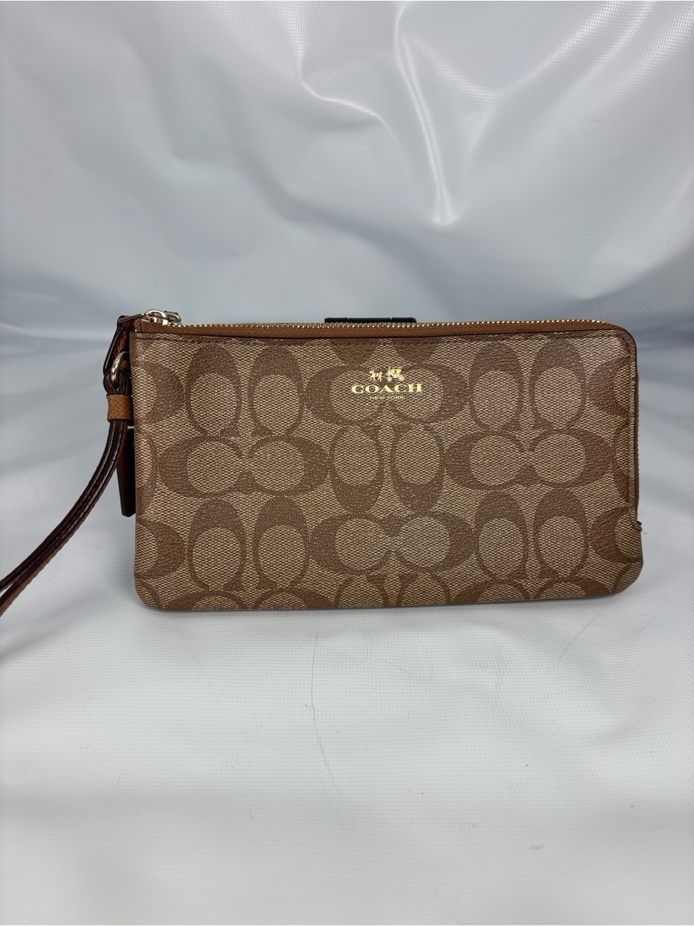 Coach Brown Signature Canvas Wristlet with Gold Logo